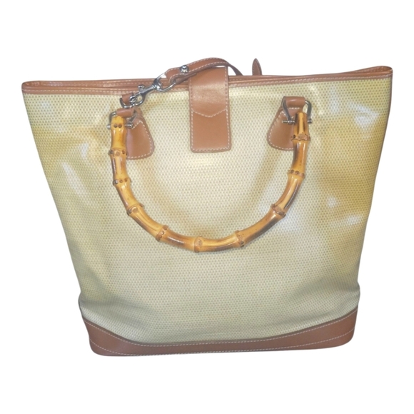 Dooney & Burke 70's Vintage Panama Collection Bamboo Handle Tan and Cream Bag - Picture 3 of 11